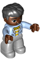 Duplo Figure Lego Ville, Male, Light Bluish Gray Legs, White and Yellow Top with Bright Light Blue Jacket, Black Hair - 47394pb317