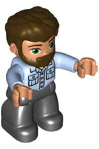 Duplo Figure Lego Ville, Male, Black Legs, Bright Light Blue Shirt with Pockets, Dark Brown Hair and Beard 47394pb318