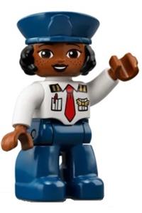 Duplo Figure Lego Ville, Female Pilot, Dark Blue Legs, White Top with Red Tie, Dark Blue Hat with Black Hair 47394pb320