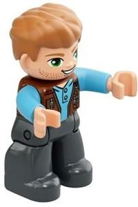 Duplo Male - Male Duplo figure from Lego Ville with dark bluish gray legs, reddish brown vest, and dark tan hair - 47394pb321