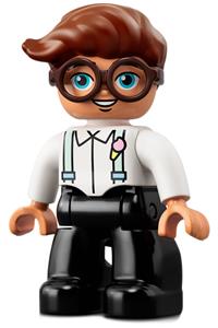 Duplo Figure Lego Ville, Male, Black Legs, White Top with Light Aqua Suspenders, Dark Brown Glasses, Reddish Brown Hair 47394pb322