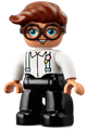 Duplo Figure Lego Ville, Male, Black Legs, White Top with Light Aqua Suspenders, Dark Brown Glasses, Reddish Brown Hair - 47394pb322