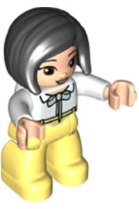 Duplo Female - A female Duplo figure from Lego Ville with bright light yellow legs, a white top with a light aqua bow, and black hair - 47394pb323
