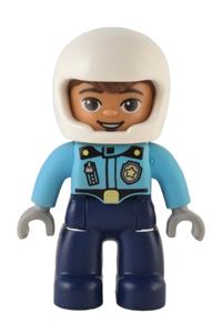 Duplo Figure Lego Ville, Male Police, Dark Blue Legs, Medium Azure Top with Badge and Zipper, White Helmet 47394pb328