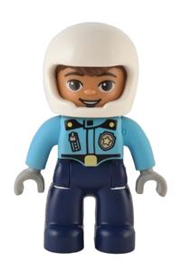 Duplo Male Police - A male Duplo police officer in Lego Ville, wearing dark blue legs, a medium azure top with badge and zipper, and a white helmet - 47394pb328