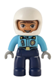 A male Duplo police officer in Lego Ville, wearing dark blue legs, a medium azure top with badge and zipper, and a white helmet - 47394pb328