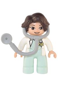 Duplo Female Medic - Female Duplo medic with light aqua legs, white top with ID badge, white arms, dark brown hair, and attached stethoscope - 47394pb329