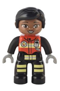 Duplo Figure Lego Ville, Female Firefighter, Black Legs with Reflective Stripes, Red Vest with Silver Fire Badge and Radio, Black Hair, Brown Eyes 47394pb330