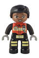 Duplo Figure Lego Ville, Female Firefighter, Black Legs with Reflective Stripes, Red Vest with Silver Fire Badge and Radio, Black Hair, Brown Eyes - 47394pb330