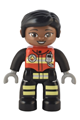 Duplo firefighter, female, with black legs, red vest with silver fire badge, radio, black hair, brown eyes - 47394pb330
