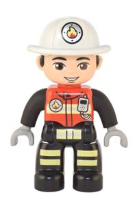 Duplo Figure Lego Ville, Male Firefighter, Black Legs with Reflective Stripes, Red Vest with Silver Fire Badge and Radio, Light Nougat Face, White Helmet with Fire Badge 47394pb331