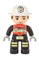 Male firefighter Duplo figure with black legs with reflective stripes, wearing a red vest with silver fire badge and radio, light nougat face, and white helmet with fire badge - 47394pb331