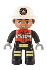 Duplo Male Firefighter - Male Duplo firefighter with black legs, red vest with silver badge, medium nougat face, and white helmet - 47394pb332