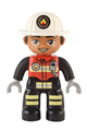 Male Duplo firefighter with black legs, red vest with silver badge, medium nougat face, and white helmet - 47394pb332