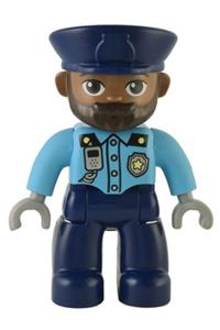 Duplo Male Police - Duplo Ville police officer, male, wearing dark blue hat, medium azure top with silver badge, and dark blue legs - 47394pb333