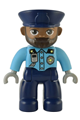 Duplo Ville police officer, male, wearing dark blue hat, medium azure top with silver badge, and dark blue legs - 47394pb333