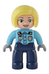 Duplo Figure Lego Ville, Female Police, Dark Blue Legs, Medium Azure Top with Silver Badge and Radio, Bright Light Yellow Hair 47394pb334