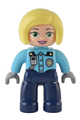 Duplo Figure Lego Ville, Female Police, Dark Blue Legs, Medium Azure Top with Silver Badge and Radio, Bright Light Yellow Hair - 47394pb334