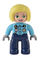 A female police Duplo figure from Lego Ville with dark blue legs, medium azure top, silver badge, radio, and bright light yellow hair - 47394pb334