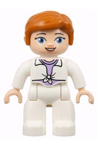 Duplo Female - Female Duplo Figure from Lego Ville with white legs, wearing a white jacket over a lavender shirt and dark orange hair (Jurassic World Claire Dearing) - 47394pb335