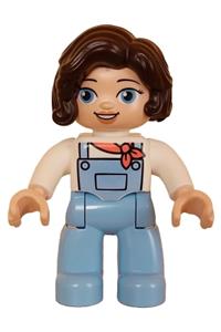 Duplo Figure Lego Ville, Female, Bright Light Blue Legs with Overalls, White Top, Dark Brown Hair (6427981) 47394pb340