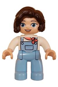 Duplo Female - Female Duplo figure with bright light blue legs wearing overalls, a white top, and dark brown hair - 47394pb340