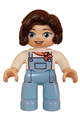 Duplo Figure Lego Ville, Female, Bright Light Blue Legs with Overalls, White Top, Dark Brown Hair (6427981) - 47394pb340