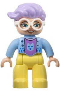 Duplo Female - Female Duplo Figure from Lego Ville with bright light yellow legs, bright light blue jacket, medium lavender cat shirt, white glasses, and lavender hair - 47394pb341
