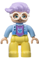 Duplo Figure Lego Ville, Female, Bright Light Yellow Legs, Bright Light Blue Jacket, Medium Lavender Cat Shirt, White Glasses, Lavender Hair (6444490) - 47394pb341