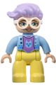 Female Duplo Figure from Lego Ville with bright light yellow legs, bright light blue jacket, medium lavender cat shirt, white glasses, and lavender hair - 47394pb341