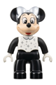 Lego Ville Duplo figure Minnie Mouse with black legs and sleeves, white top, silver collar, sparkles, dots, and bow - 47394pb343