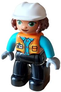 Duplo Figure Lego Ville, Female, Black Legs, Orange Vest with Badge and Pocket, Medium Azure Arms, Light Bluish Gray Hands, White Construction Helmet (6427943) 47394pb346