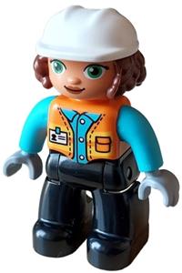 Duplo Female - Female Duplo Figure from Lego Ville with black legs, medium azure arms, wearing an orange vest with a badge, and a white construction helmet - 47394pb346