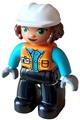 Duplo Figure Lego Ville, Female, Black Legs, Orange Vest with Badge and Pocket, Medium Azure Arms, Light Bluish Gray Hands, White Construction Helmet (6427943) - 47394pb346