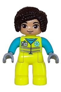 Duplo Figure Lego Ville, Female Garbage Worker, Neon Yellow Uniform, Medium Azure Shirt, White Name Badge and Recycle Logo, Dark Brown Hair (6446215) 47394pb348