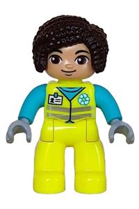 Duplo Female Garbage Worker - Female Duplo figure in Lego Ville, wearing neon yellow uniform with a medium azure shirt, white name badge, recycle logo, and dark brown hair - 47394pb348