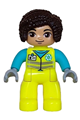 Duplo Figure Lego Ville, Female Garbage Worker, Neon Yellow Uniform, Medium Azure Shirt, White Name Badge and Recycle Logo, Dark Brown Hair (6446215) - 47394pb348