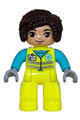 Female Duplo figure in Lego Ville, wearing neon yellow uniform with a medium azure shirt, white name badge, recycle logo, and dark brown hair - 47394pb348