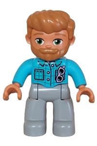 Duplo Figure Lego Ville, Male, Light Bluish Gray Legs, Medium Azure Jacket with Bright Pink Buttons and Glasses, Medium Nougat Hair and Beard (6465885) 47394pb349