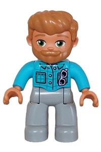 Duplo Male - Male Duplo figure from Lego Ville with light bluish gray legs, wearing a medium azure jacket with bright pink buttons, glasses, medium nougat hair, and beard - 47394pb349
