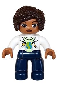 Duplo Female - Duplo Ville female figure with dark blue legs, white vest with star and moon fasteners, yellowish green shirt, and dark brown hair - 47394pb350