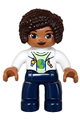 Duplo Ville female figure with dark blue legs, white vest with star and moon fasteners, yellowish green shirt, and dark brown hair - 47394pb350