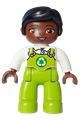 Female Duplo figure from Lego Ville with lime legs wearing overalls with a recycling logo and black hair - 47394pb351