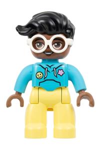 Duplo Figure Lego Ville, Female, Bright Light Yellow Legs, Medium Azure Hoodie Shirt, White Glasses, Black Hair (6446173) 47394pb352