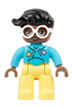 Female Duplo figure in bright light yellow legs, medium azure hoodie shirt, with white glasses and black hair - 47394pb352