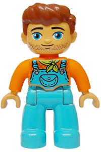Duplo Figure Lego Ville Male - Male Duplo figure in Lego Ville theme with medium azure legs wearing overalls with pocket, lime bandana, reddish brown hair and stubble - 47394pb355