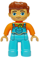 Male Duplo figure in Lego Ville theme with medium azure legs wearing overalls with pocket, lime bandana, reddish brown hair and stubble - 47394pb355