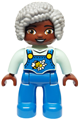 Female Duplo figure from Lego Ville with blue legs, wearing overalls and accessorized with a bee and daisy, light bluish gray hair - 47394pb357