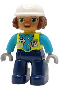 Duplo Female Train Engineer - Female Duplo LEGO Ville figure with dark blue legs, neon yellow vest with train logo, medium azure shirt, and white construction helmet - 47394pb362