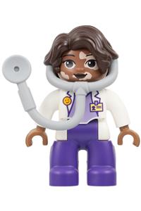 Duplo Female Medic - Duplo Figure Lego Ville, Female Medic, Dark Purple Legs, White Top with ID Badge, White Arms, Dark Brown Hair, Attached Stethoscope, Vitiligo (6533434 \/ 6548219) - 47394pb364